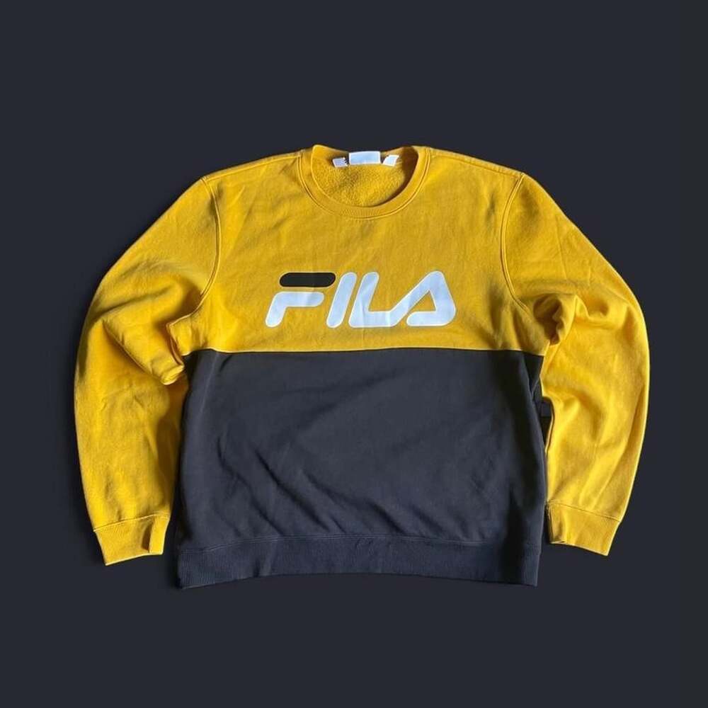 FILA Colorblock Crewneck Sweater XL Soccer Sweatshirt Black Yellow,